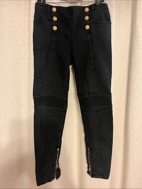 Balmain Black Skinny Moto Jeans with Gold Buttons size 44 made in paris
